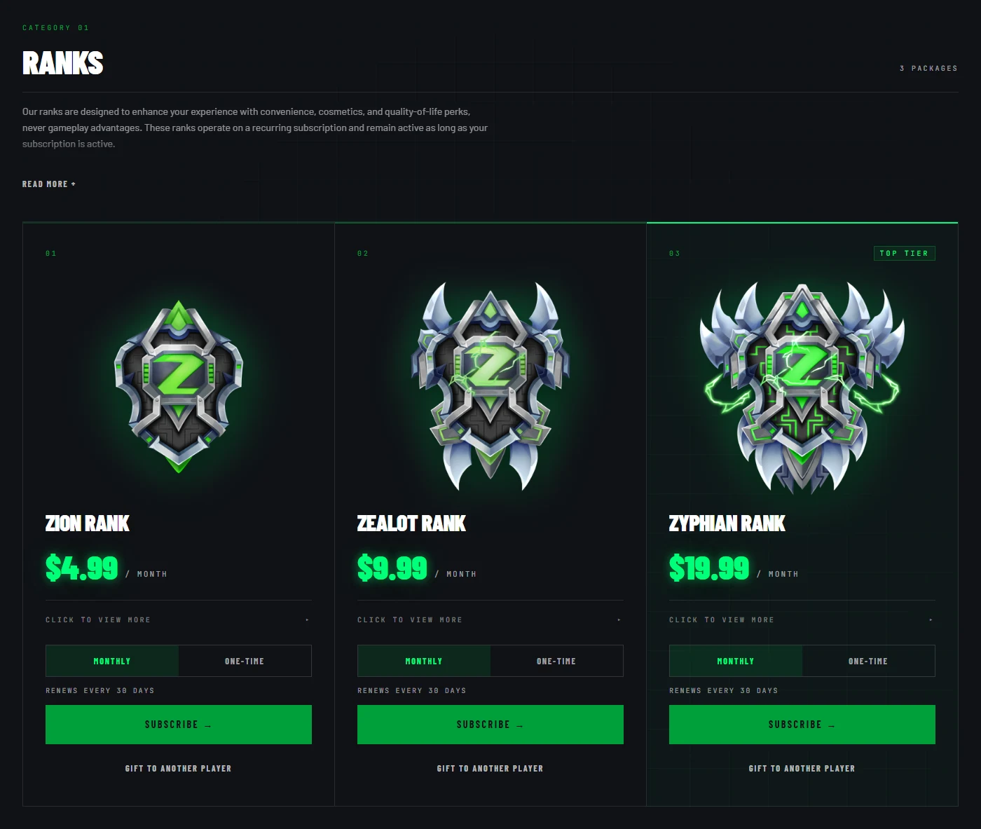 The ranks in the Zyphia store