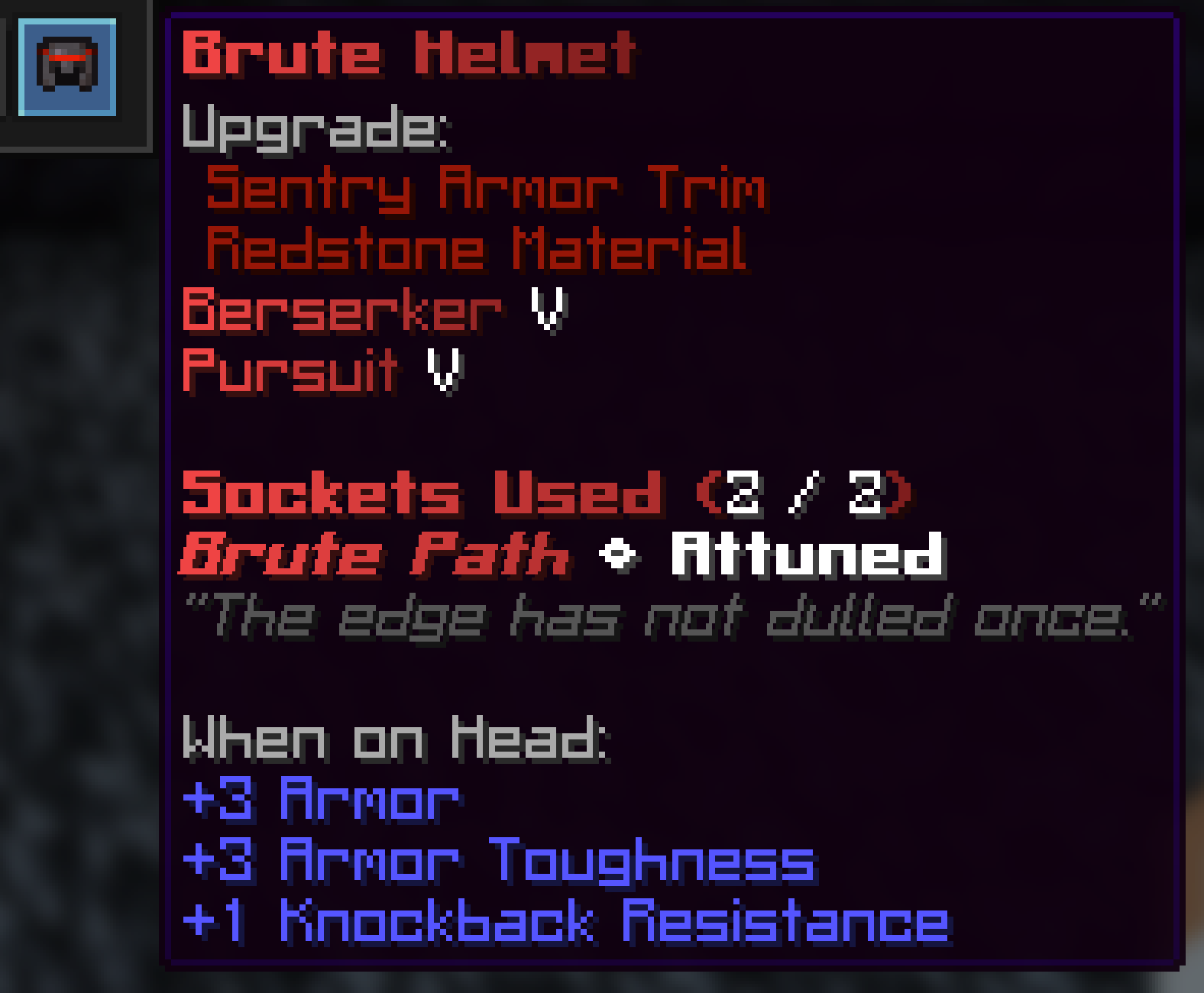 A Brute Helmet with two enchants and both slots filled