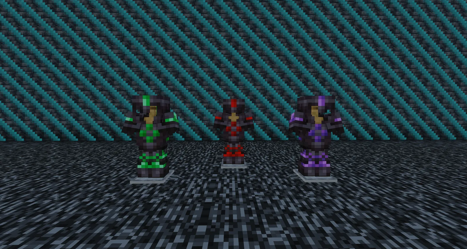 Three sets of armor trimmed in Essence green, Brute red, and Mystic purple